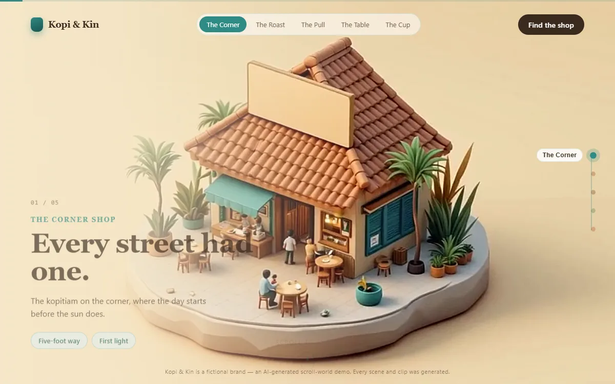 Kopi and Kin scroll-world demo: a cinematic fly-through website for a kopitiam brand