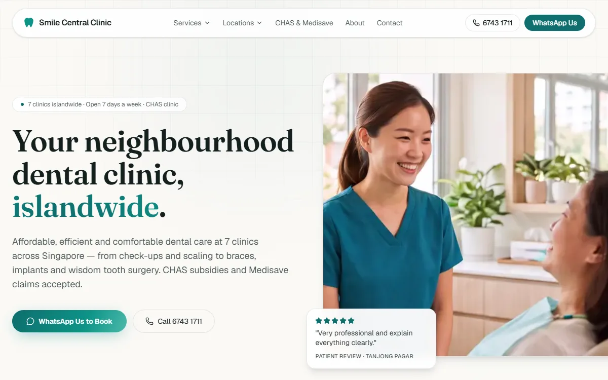 Smile Central Clinic website: dental clinic group with 7 branches across Singapore
